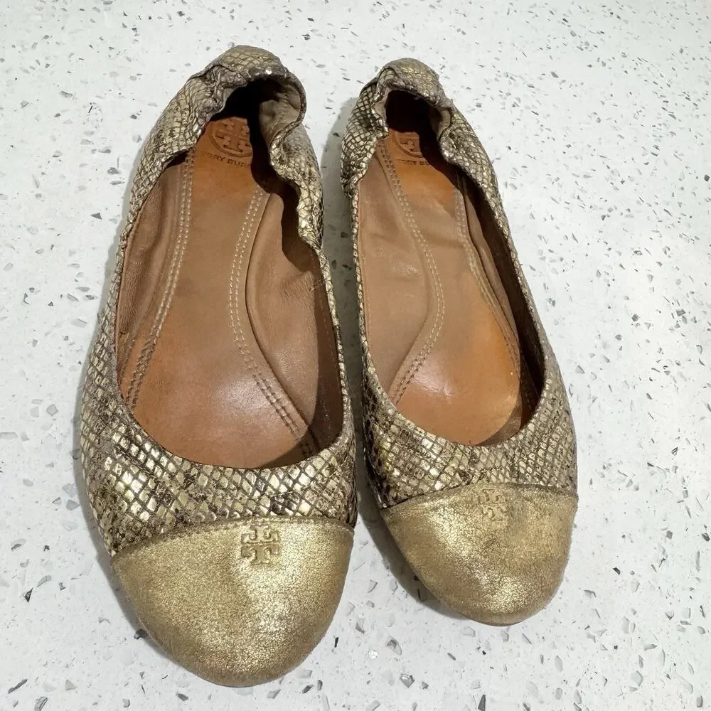 Tory Burch York Roccia ballet flat Gold Slip On Comfort Size 7.5 snake print CP
